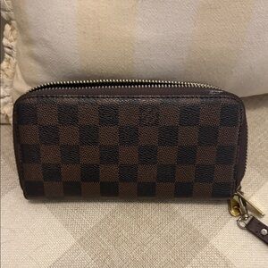 Brown Checkered Zip Around Wallet